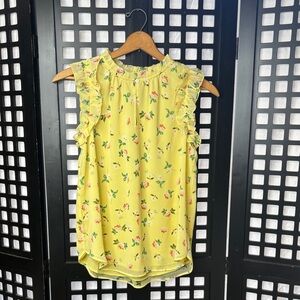 💛 LOFT Yellow Floral Ruffle Sleeveless Lined Top Women Small Flowy 💛